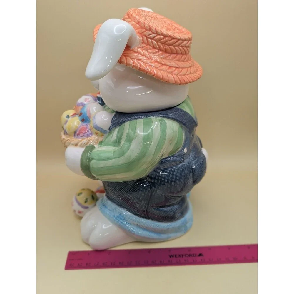 CKA Ceramic Easter Bunny Cookie Jar Vtg Rabbit Holding Basket Eggs Straw Hat *